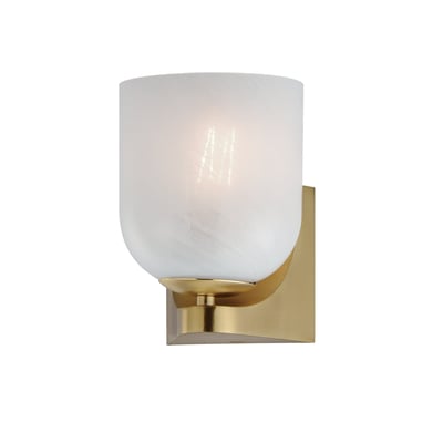Maxim Lighting Scoop Bathroom Wall Sconce in Natural Aged Brass finish, featuring a sleek steel and glass design with a modern, elegant look.