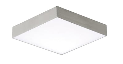 Maxim Lighting Trim Flush Mount with Satin Nickel finish, featuring a sleek, round design made of polycarbonate and steel, emits soft, ambient light.