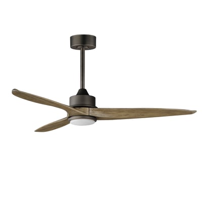 Maxim Lighting Woodwind Ceiling Fan with Light, featuring solid wood blades in a Charcoal Bronze finish and a Steel frame.