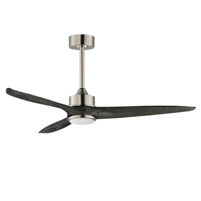 Maxim Lighting Woodwind Solid Wood Blade Ceiling Fan with Light in Satin Nickel finish, featuring steel construction and elegant wooden blades.