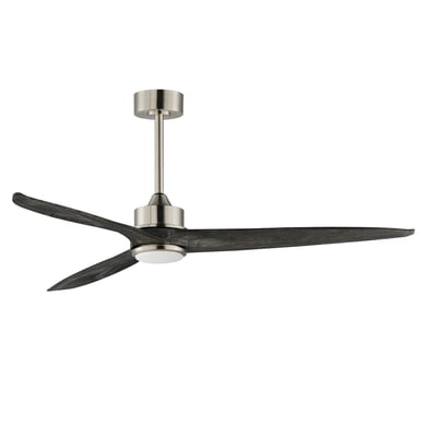 Maxim Lighting Woodwind Solid Wood Blade Ceiling Fan with Light in Satin Nickel finish, featuring a sleek steel frame and elegant wooden blades.