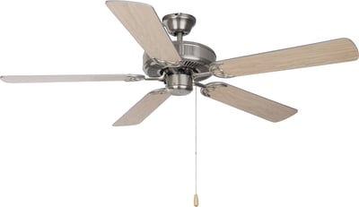 Maxim Lighting Basic-Max Indoor Ceiling Fan in Satin Nickel with Silver and Maple, featuring durable steel and MDF construction.