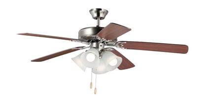 Maxim Lighting Basic-Max Indoor Ceiling Fan with Light in Satin Nickel, Walnut, and Pecan, featuring steel, aluminum, and glass materials.