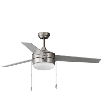 Maxim Lighting Trio LED Ceiling Fan with Pull Chain in Satin Nickel with Black finish, featuring sleek steel blades and modern design.