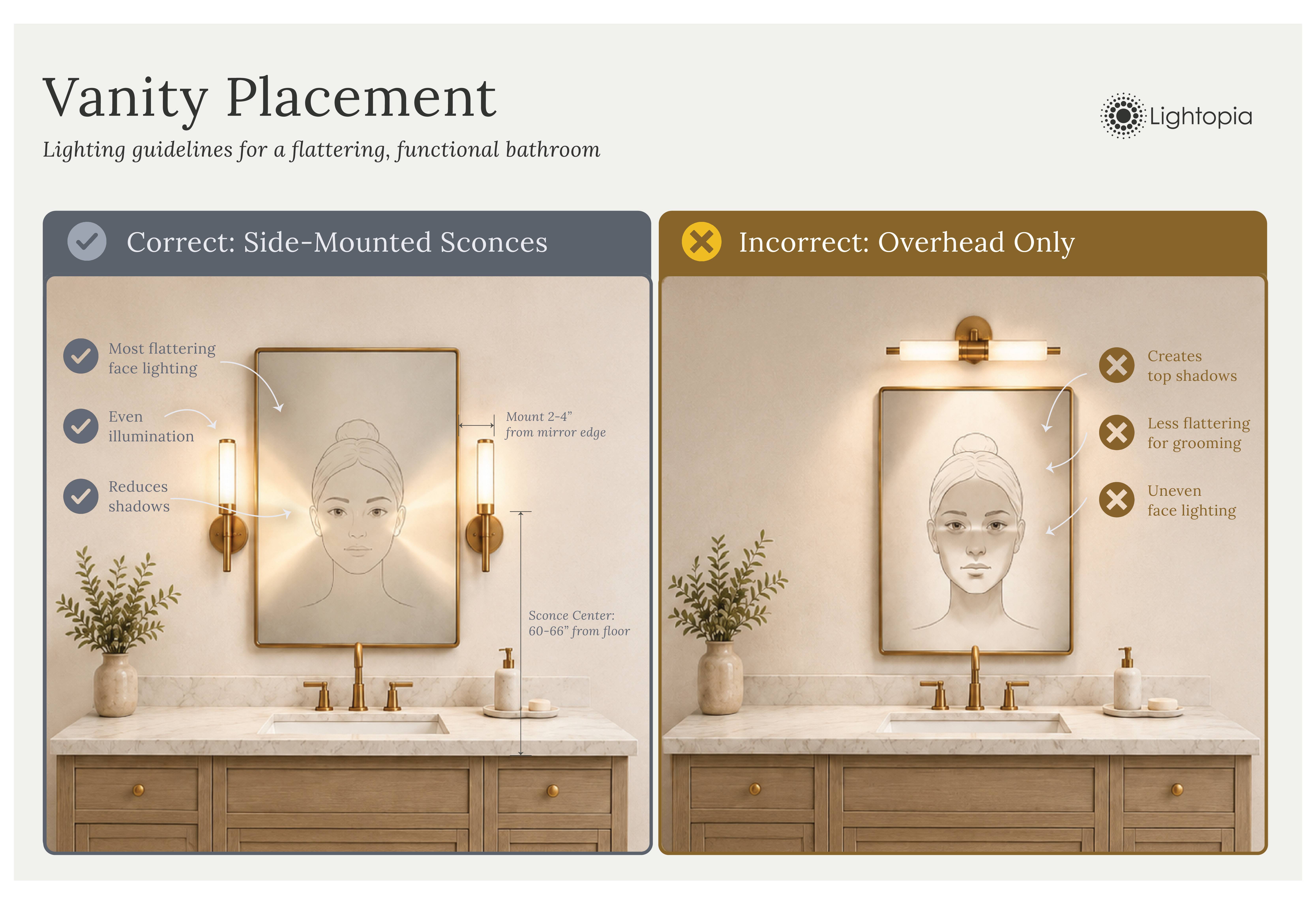 Bathroom with different lighting mirror types diagramed.