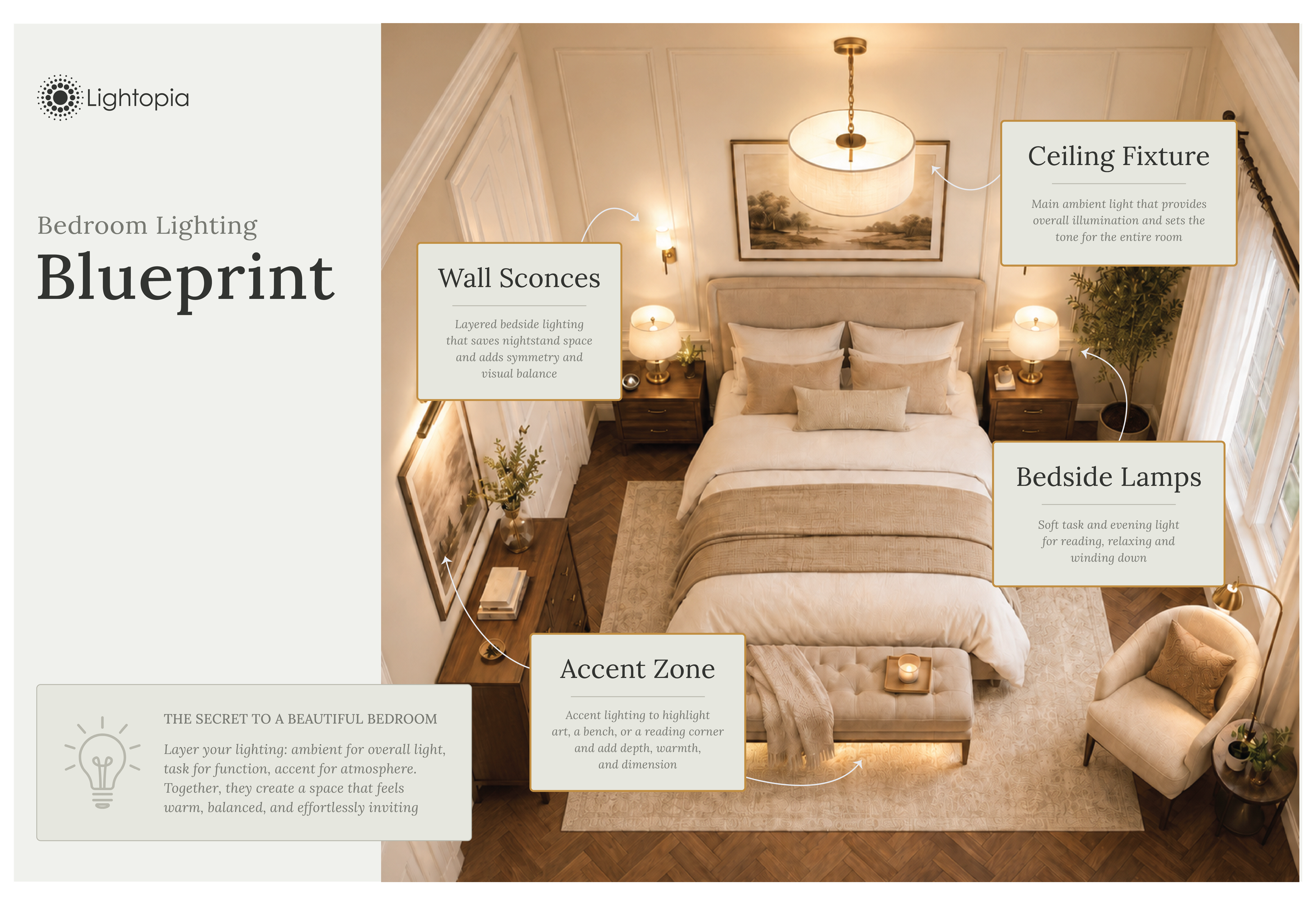 bedroom with different lighting types diagramed.