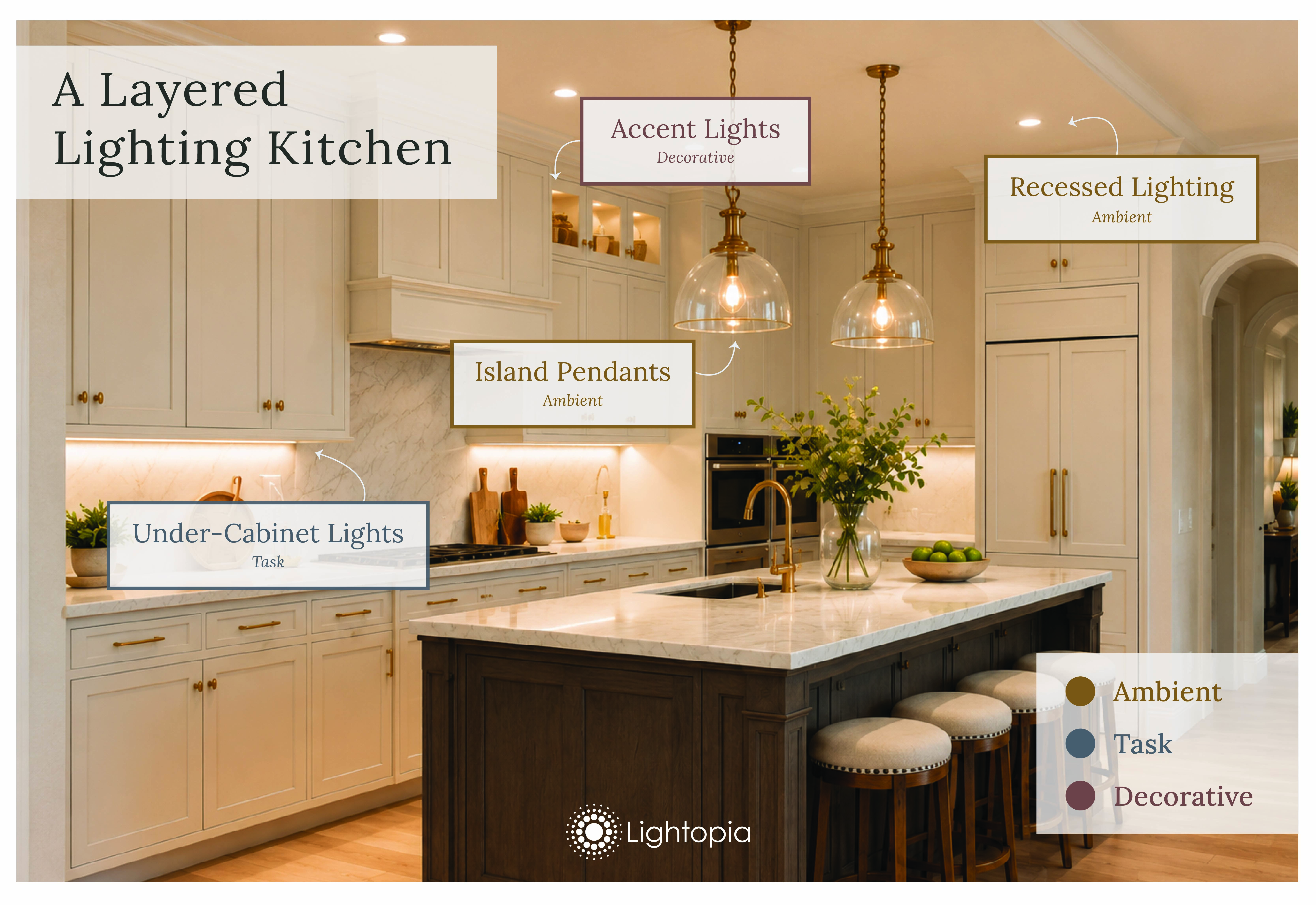 kitchen with different lighting types diagramed.