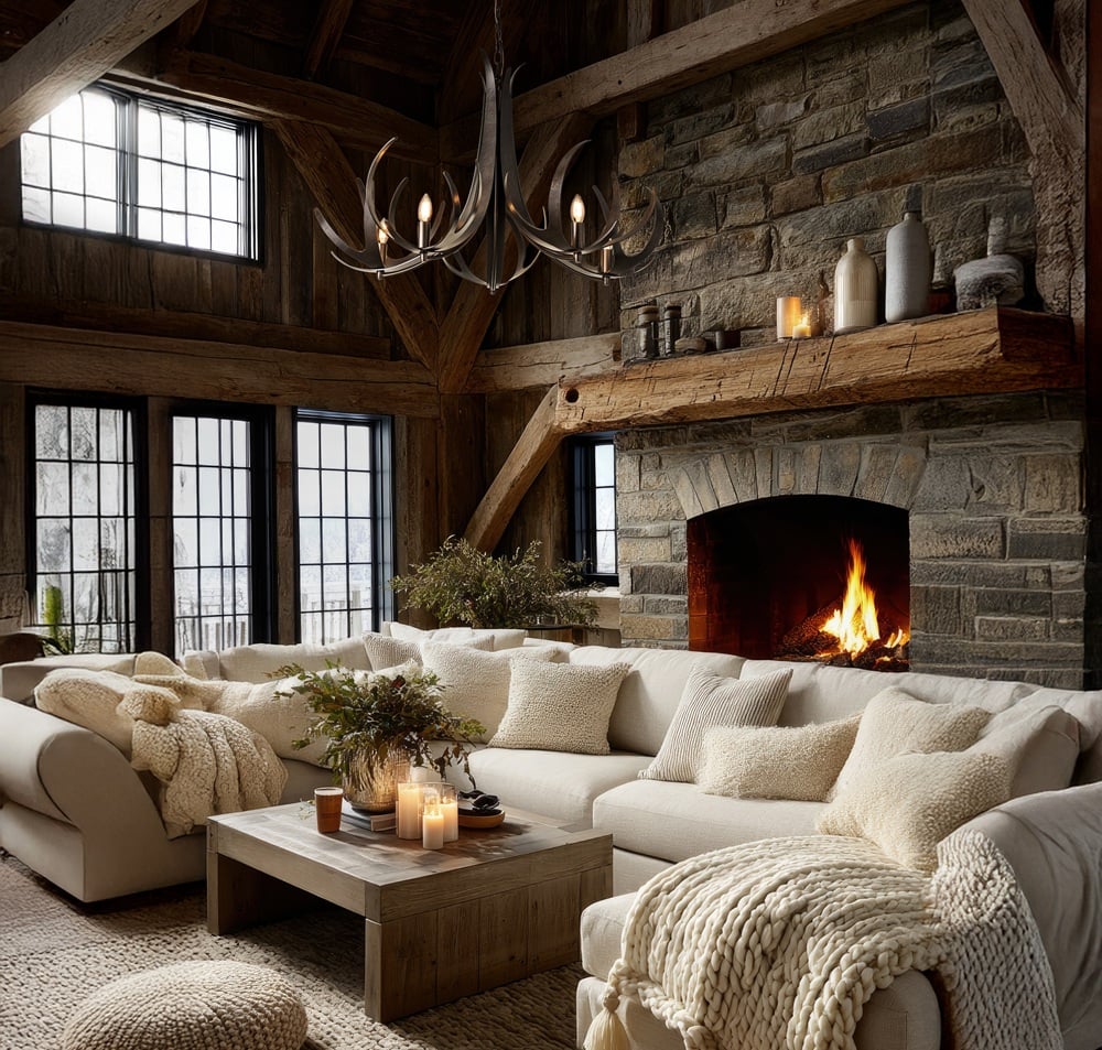 Rustic antler chandelier in a living room.